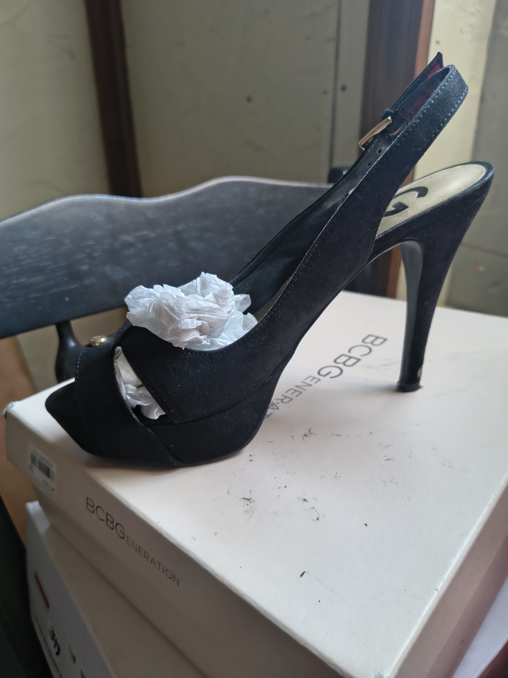 BCBG Black Suede Peep-Toe Slingback Heels
